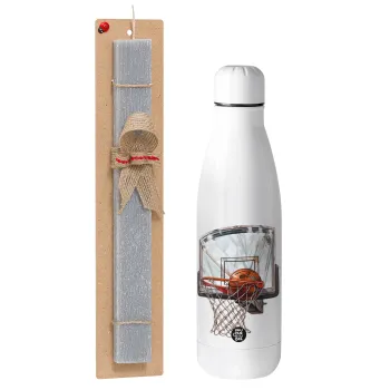 Basketball, Easter Set, metallic stainless thermos bottle (500ml) & scented flat Easter candle (30cm) (GRAY)