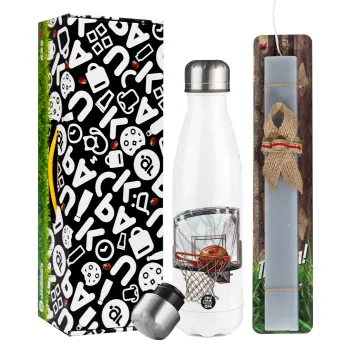 Basketball, Easter candle, metallic white thermos bottle (500ml) & aromatic flat candle (30cm) (GRAY)