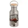 Stainless steel metallic thermos flask, silver with a bamboo lid, double-walled, 350ml.
