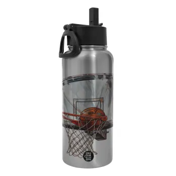 Basketball, Μεταλλικό παγούρι θερμός Silver με καλαμάκι και χερούλι (Stainless steel), διπλού τοιχώματος, 950ml