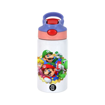 Super mario and Friends, Children's hot water bottle, stainless steel, with safety straw, pink/purple (350ml)