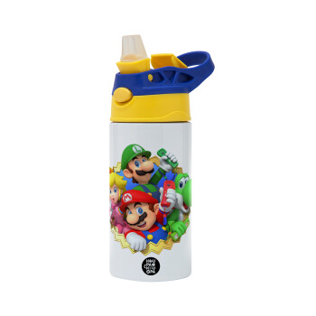Super mario and Friends, Children's hot water bottle, stainless steel, with safety straw, green, blue (360ml) BPA FREE