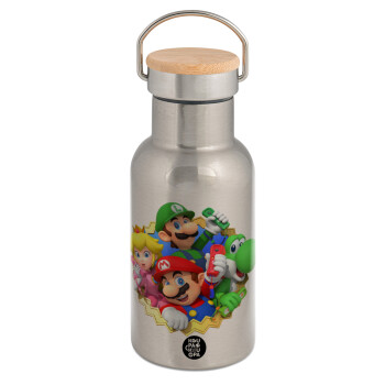 Super mario and Friends, Stainless steel metallic thermos flask, silver with a bamboo lid, double-walled, 350ml.