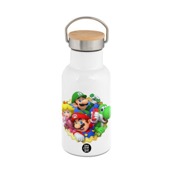 Super mario and Friends, Μεταλλικό παγούρι θερμός (Stainless steel) Λευκό με ξύλινο καπακι (bamboo), διπλού τοιχώματος, 350ml