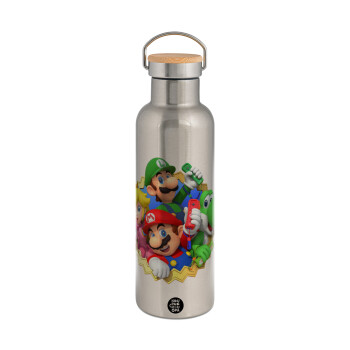 Super mario and Friends, Stainless steel Silver with wooden lid (bamboo), double wall, 750ml