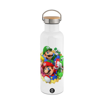 Super mario and Friends, Stainless steel White with wooden lid (bamboo), double wall, 750ml