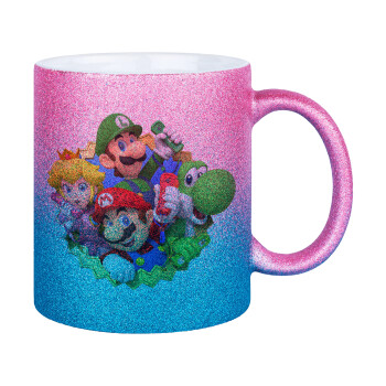 Super mario and Friends, Κούπα Χρυσή/Μπλε Glitter, κεραμική, 330ml