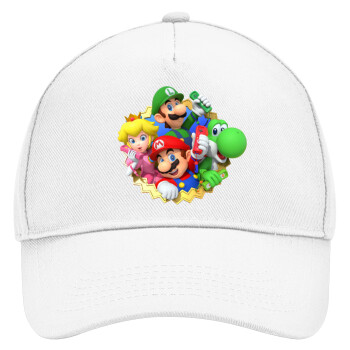 Super mario and Friends, Καπέλο Ενηλίκων Baseball, Drill, Λευκό (100% ΒΑΜΒΑΚΕΡΟ, ΕΝΗΛΙΚΩΝ, UNISEX, ONE SIZE)