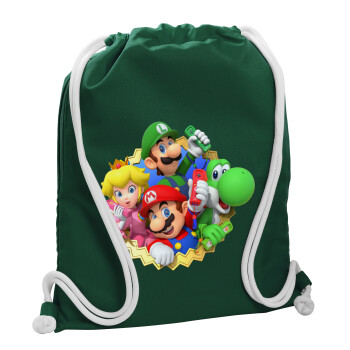 Super mario and Friends, Backpack pouch GYMBAG BOTTLE GREEN, with pocket (40x48cm) & thick white cords