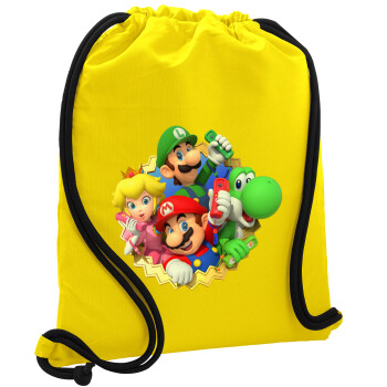 Super mario and Friends, Backpack pouch GYMBAG Yellow, with pocket (40x48cm) & thick cords