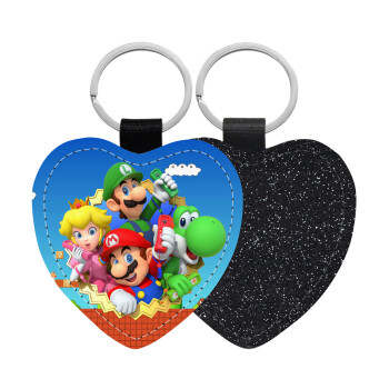 Super mario and Friends, Μπρελόκ PU δερμάτινο glitter καρδιά ΜΑΥΡΟ