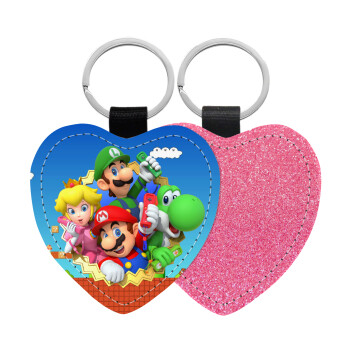 Super mario and Friends, Μπρελόκ PU δερμάτινο glitter καρδιά ΡΟΖ