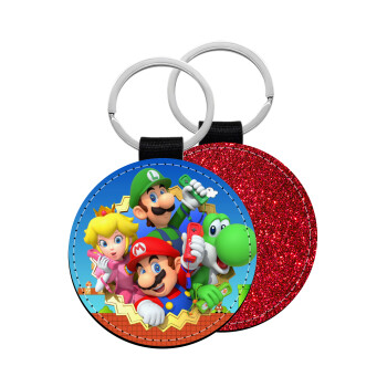 Super mario and Friends, Μπρελόκ Δερματίνη, στρογγυλό ΚΟΚΚΙΝΟ (5cm)