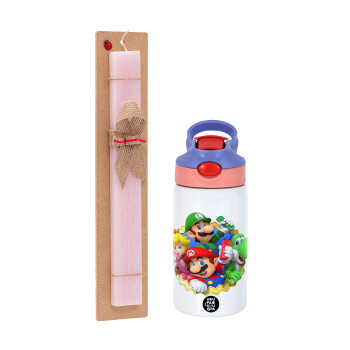 Super mario and Friends, Easter Set, Children's thermal stainless steel water bottle with safety straw, pink/purple (350ml) & Easter scented flat candle (30cm) (PINK)