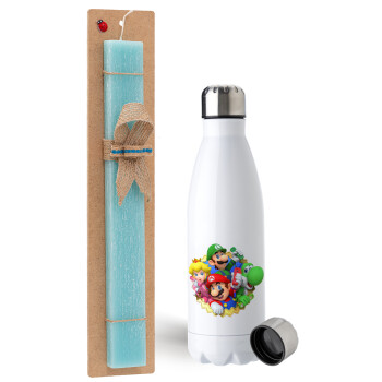 Super mario and Friends, Easter Set, metallic stainless steel water bottle (750ml) & aromatic flat Easter candle (30cm) (TURQUOISE)