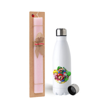 Super mario and Friends, Easter Set, metallic stainless steel water bottle (750ml) & scented flat Easter candle (30cm) (PINK)