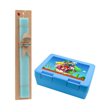 Super mario and Friends, Easter Set, children's snack container BLUE & Easter aromatic flat candle (30cm) (TURQUOISE)