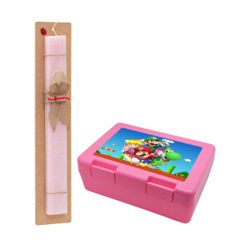 Super mario and Friends, Easter Set, children's snack container PINK & scented flat Easter candle (30cm) (PINK)
