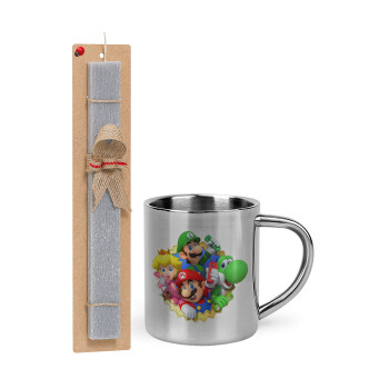 Super mario and Friends, Easter Set, metallic thermal cup (300ml) & Easter aromatic flat candle (30cm) (GRAY)
