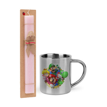 Super mario and Friends, Easter Set, metallic thermal cup (300ml) & aromatic flat Easter candle (30cm) (PINK)