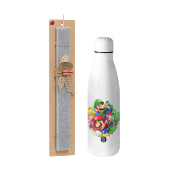 Super mario and Friends, Easter Set, metallic stainless thermos bottle (500ml) & scented flat Easter candle (30cm) (GRAY)