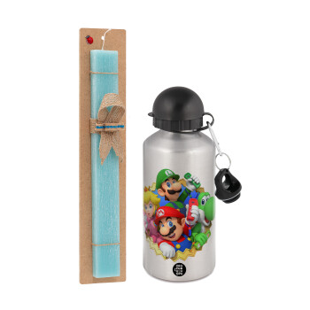 Super mario and Friends, Easter Set, metallic silver aluminum water bottle (500ml) & scented flat Easter candle (30cm) (TURQUOISE)