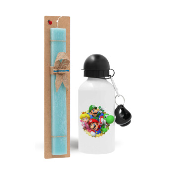Super mario and Friends, Easter Set, metallic aluminum water bottle (500ml) & scented flat candle (30cm) (TURQUOISE)