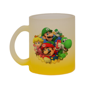 Super mario and Friends, Κούπα γυάλινη δίχρωμη με βάση το κίτρινο ματ, 330ml