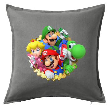 Super mario and Friends, Μαξιλάρι καναπέ Γκρι 100% βαμβάκι, περιέχεται το γέμισμα (50x50cm)