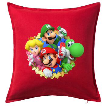 Super mario and Friends, Μαξιλάρι καναπέ Κόκκινο 100% βαμβάκι, περιέχεται το γέμισμα (50x50cm)