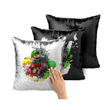Super mario and Friends, Μαξιλάρι καναπέ Μαγικό Μαύρο με πούλιες 40x40cm περιέχεται το γέμισμα
