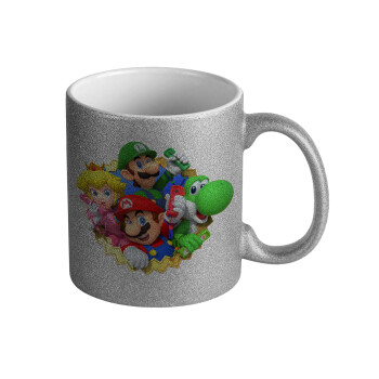 Super mario and Friends, Κούπα Ασημένια Glitter που γυαλίζει, κεραμική, 330ml