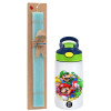 Easter Set, Children's thermal stainless steel bottle with safety straw, green/blue (350ml) & aromatic flat Easter candle (30cm) (TURQUOISE)