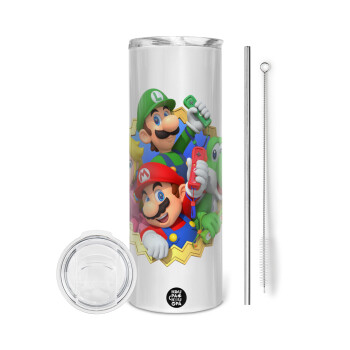 Super mario and Friends, Eco friendly stainless steel tumbler 600ml, with metal straw & cleaning brush