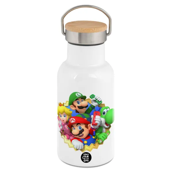 Super mario and Friends — Metallic thermos (Stainless steel) White with wooden lid (bamboo), double-walled, 350ml