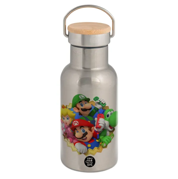 Super mario and Friends — Stainless steel metallic thermos flask, silver with a bamboo lid, double-walled, 350ml.