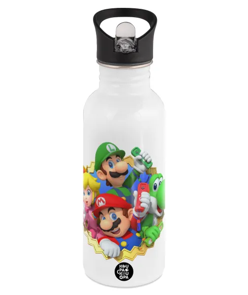 Super mario and Friends — Παγούρι νερού Λευκό με καλαμάκι, ανοξείδωτο ατσάλι 600ml