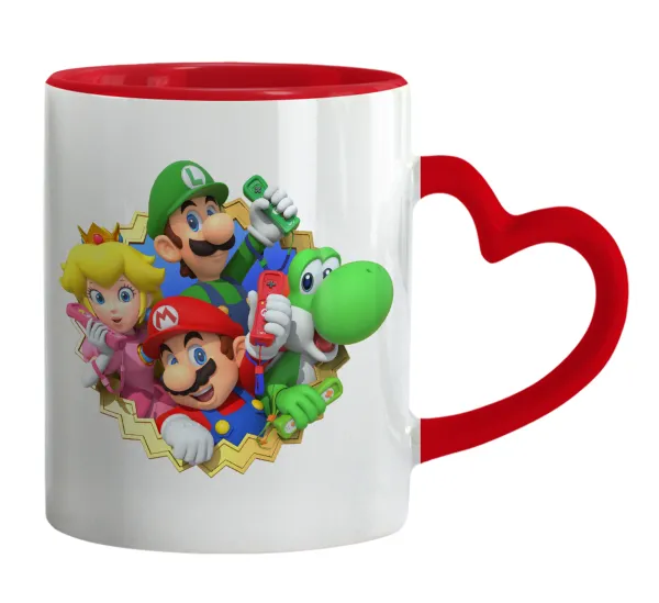 Super mario and Friends — Κούπα καρδιά χερούλι κόκκινη, κεραμική, 330ml