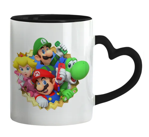 Super mario and Friends — Κούπα καρδιά χερούλι μαύρη, κεραμική, 330ml