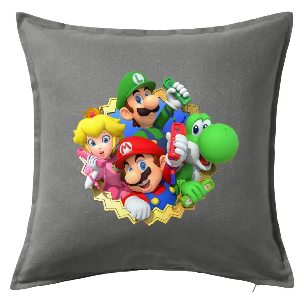 Super mario and Friends — Μαξιλάρι καναπέ Γκρι 100% βαμβάκι, περιέχεται το γέμισμα (50x50cm)