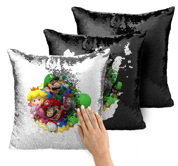 Super mario and Friends — Magic sofa cushion with black sequins, 40x40cm, filling included