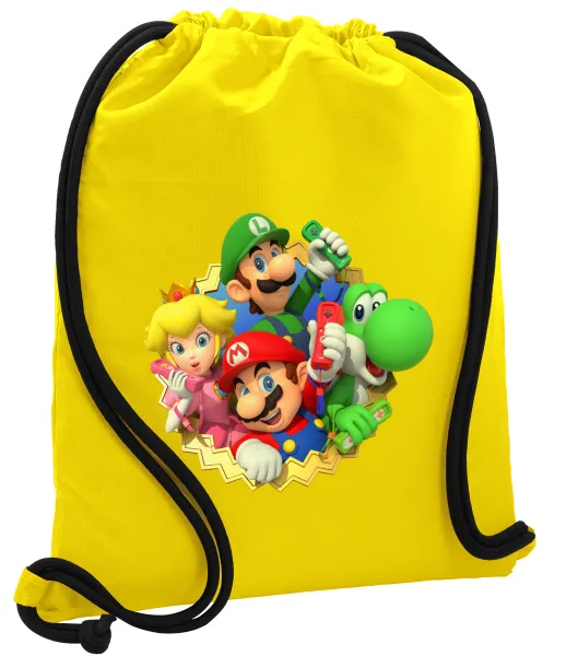 Super mario and Friends — Τσάντα πλάτης πουγκί GYMBAG Κίτρινη, με τσέπη (40x48cm) & χονδρά κορδόνια