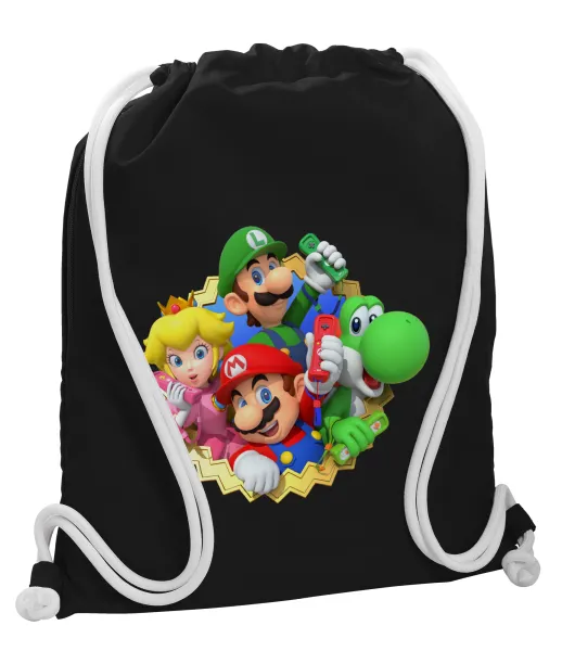Super mario and Friends — Backpack pouch GYMBAG Black, with pocket (40x48cm) & thick white cords