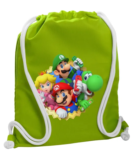 Super mario and Friends — Backpack bag GYMBAG LIME GREEN, with pocket (40x48cm) & thick cords
