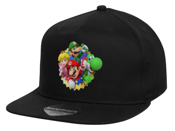 Super mario and Friends — Children's Flat Snapback Hat, Black (100% COTTON, CHILD, UNISEX, ONE SIZE)