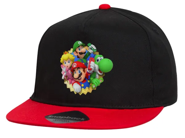 Super mario and Friends — Children's Flat Snapback Hat, Black/Red (100% COTTON, CHILDREN'S, UNISEX, ONE SIZE)