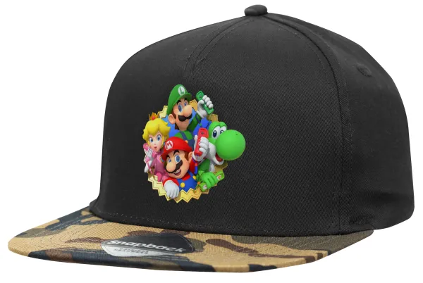 Super mario and Friends — Adult Flat Snapback Hat Black/Camouflage, (100% COTTON TWILL, ADULT, UNISEX, ONE SIZE)