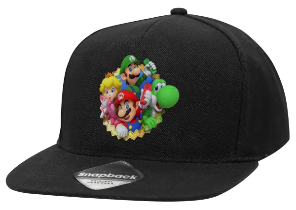Super mario and Friends — Adult Flat Snapback Hat Black, (100% COTTON TWILL, ADULT, UNISEX, ONE SIZE)