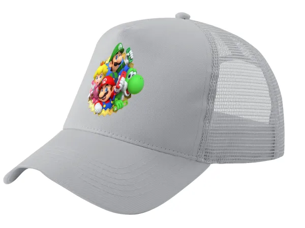 Super mario and Friends — Adult Structured Trucker Hat, with Mesh, GRAY (100% COTTON, ADULT, UNISEX, ONE SIZE)