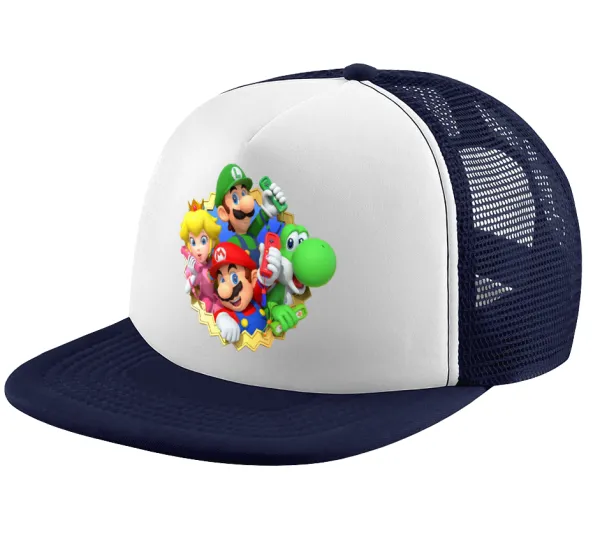 Super mario and Friends — Adult Soft Trucker Hat with Dark Blue/White Mesh (POLYESTER, ADULT, UNISEX, ONE SIZE)
